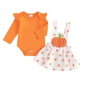 Baby Girls Halloween Polkadot Pumpkin Dress Outfit Orange Bodysuit Sz 3-6M NEW